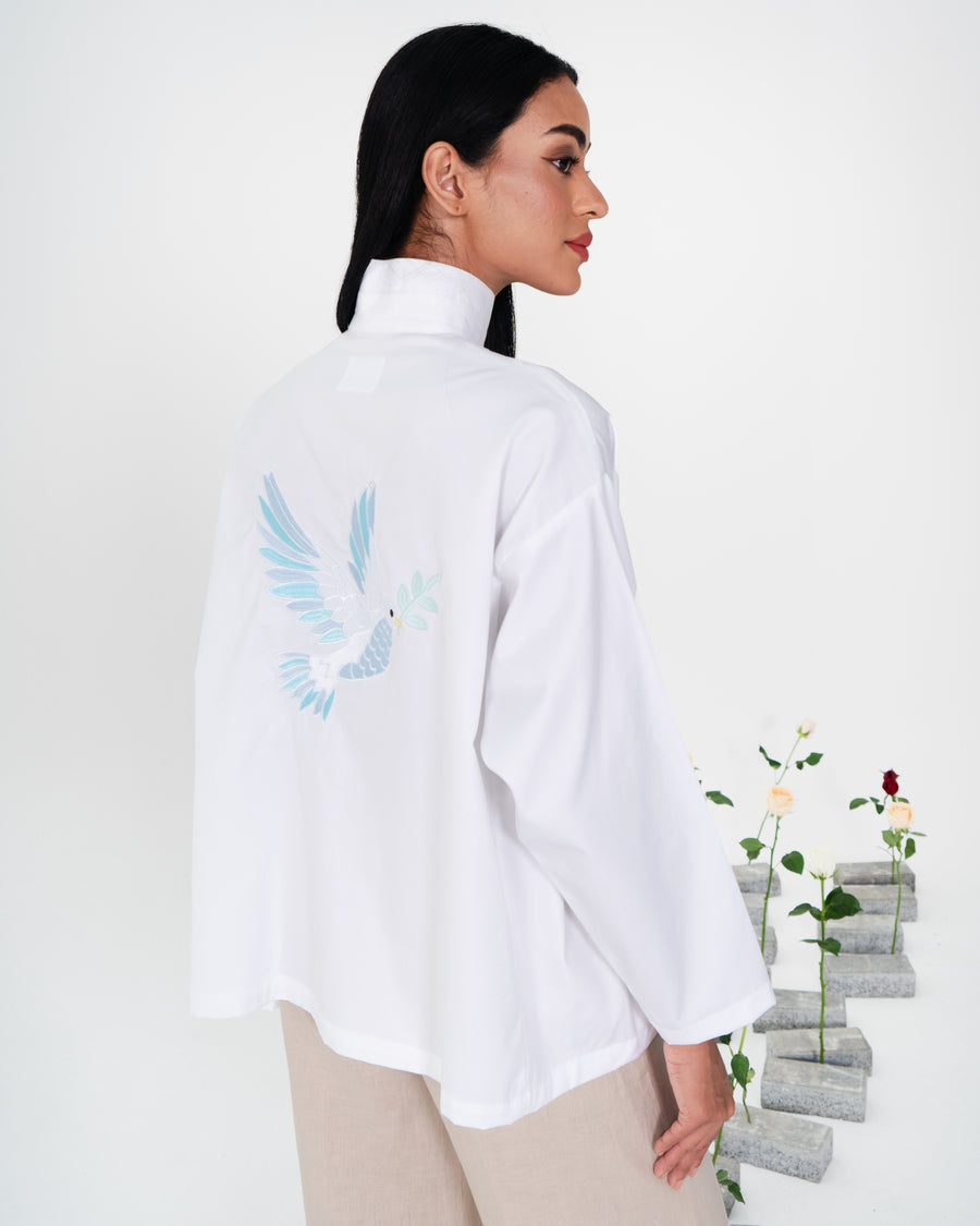 Ta-noura for Palestine: Rouh al Rouh Embroidered Dove Shirt